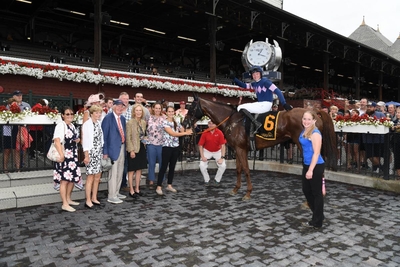 The Mean Queen in the Winners Circle of the Jonathan Sheppard NYRA