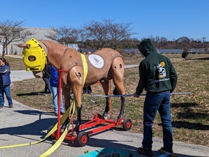 Training mannequin being used to practice rescue strap placement for Cecil County School of Technology Ag Science students